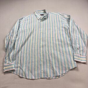 Mine London Milan New York Mens Large 100% Linen Striped Button Down Shirt Blue